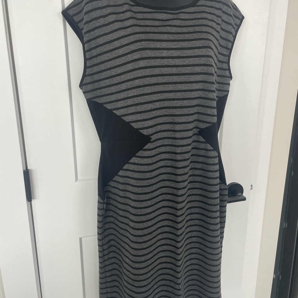 George Black & Gray Striped Midi Dress/ has stretch- stylish for fall/ winter